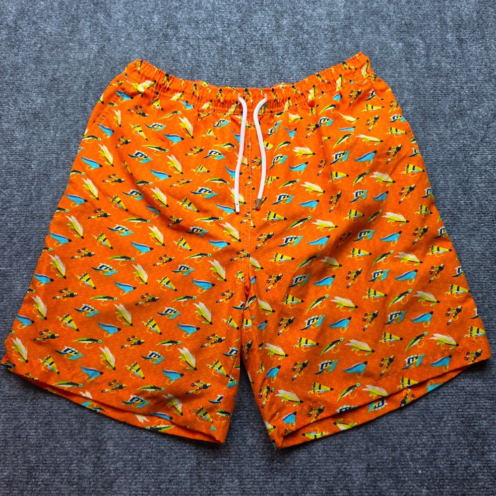 Peter Millar Mens Orange‎ Fly Fishing Lure Print Swim Trunks MS17P03 Large